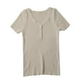 thumbnail image 6 of Holzkary Women's Henley T Shirts Summer Deep V Neck Ribbed Short Sleeve Slim Fit Button Tops Casual Tee Ice T Shirt Woven Sweater Versatile Thin V Neck Slimming Base Layer Worn Outside Beige L, 6 of 8