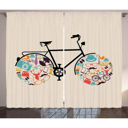 Hipster Curtains 2 Panels Set, Bicycle Vehicle with Wheels Full of Old Fashioned Hipster Icons Urban Subculture, Window Drapes for Living Room Bedroom, 108W X 90L Inches, Multicolor, by
