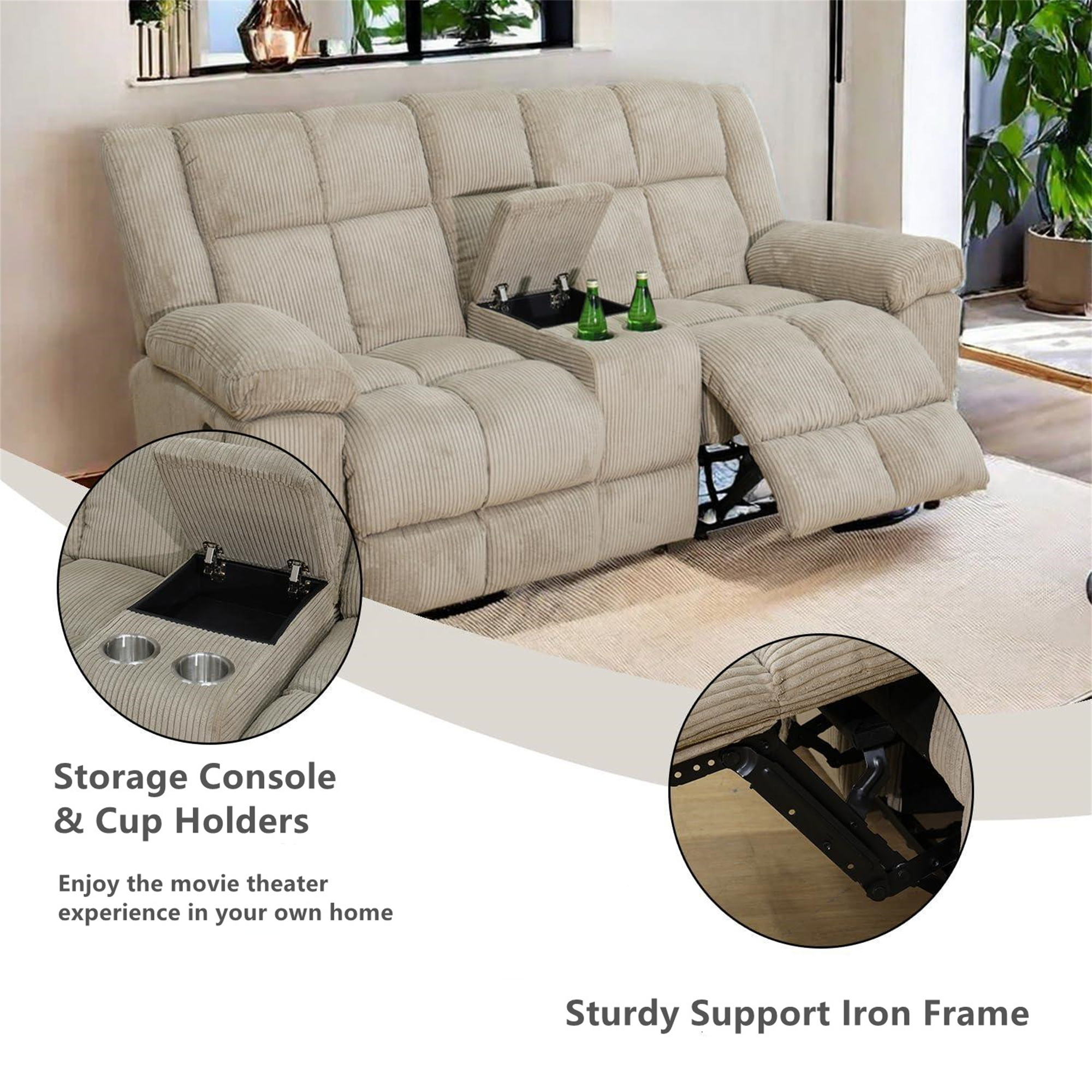 Aukfa 3-Piece Recliner Sofa Set - 77" Loveseat Recliner w/ Cupholder&Console for Living Room, Beige