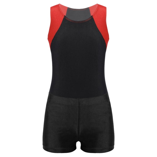 MSemis Justaucorps de Gymnastique pour Garçons Sans Manches Ballet Danse Unitard avec Shorts Ensemble d'Entraînement Compétition Rouge&Noir 16