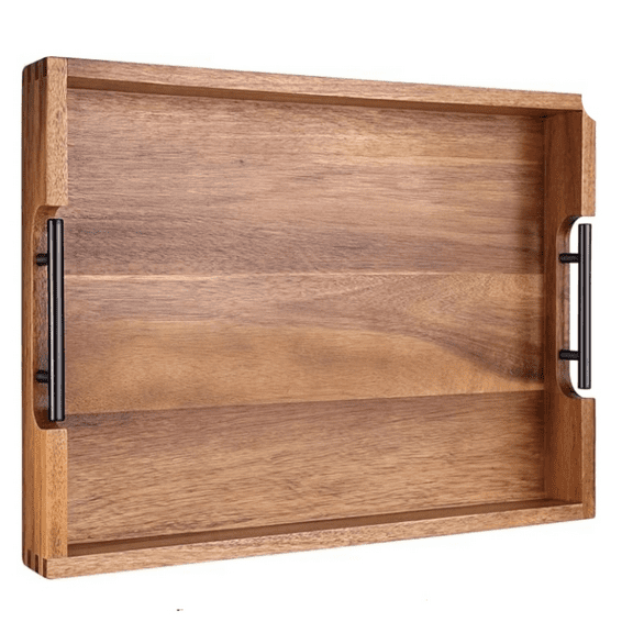 Acacia Wooden Serving Tray with Metal Handles 16.7 x 12.8 inch   rative  Tray for Living Room Coffee Table (Color Natural)