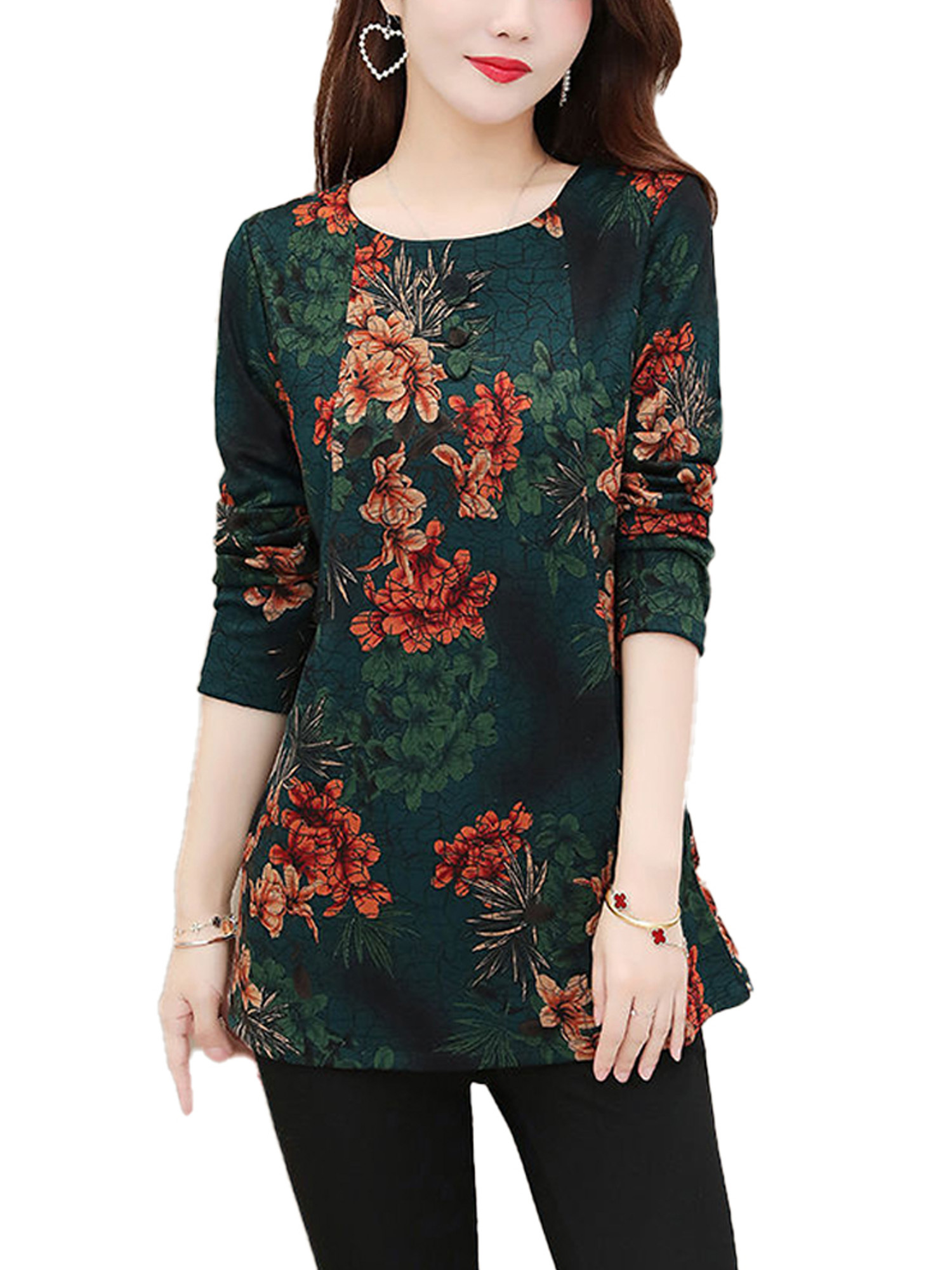 UPAIRC Women Long Sleeve Floral TShirt Round Neck Blouse Tee Tops Plus Size Green L