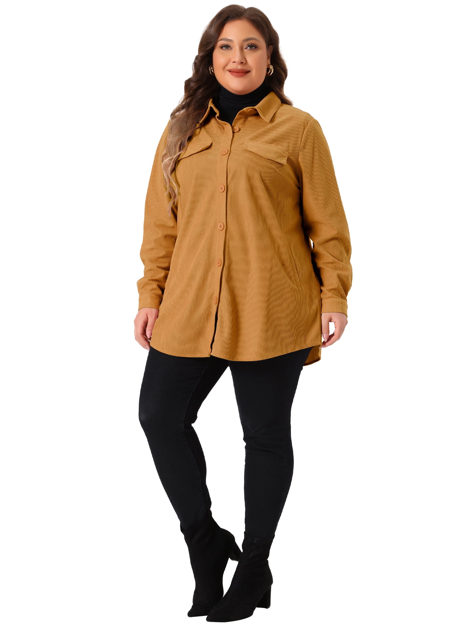 DARING DIVA Women's Plus Corduroy Shirts Button Down Shackets Jacket 2X Brown