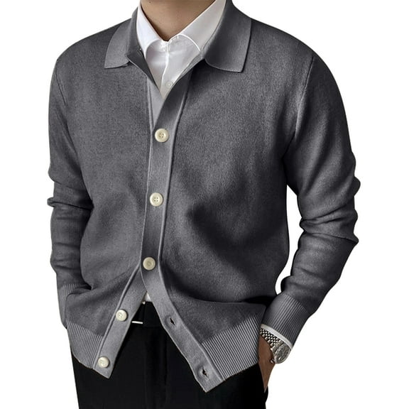 Men'S Lapel Cardigan Sweater Knit Long Sleeve Button Cardigan Slim Fit Casual Ribbed Knitted Jacket Dark Gray M