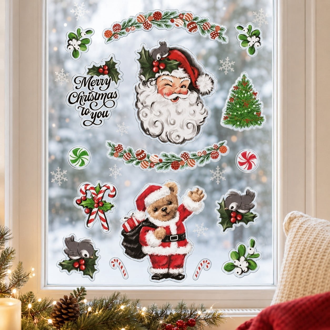Santa and Bear Christmas Window Clings, Multicolor, 10.8" x 16.8", by Holiday Time
