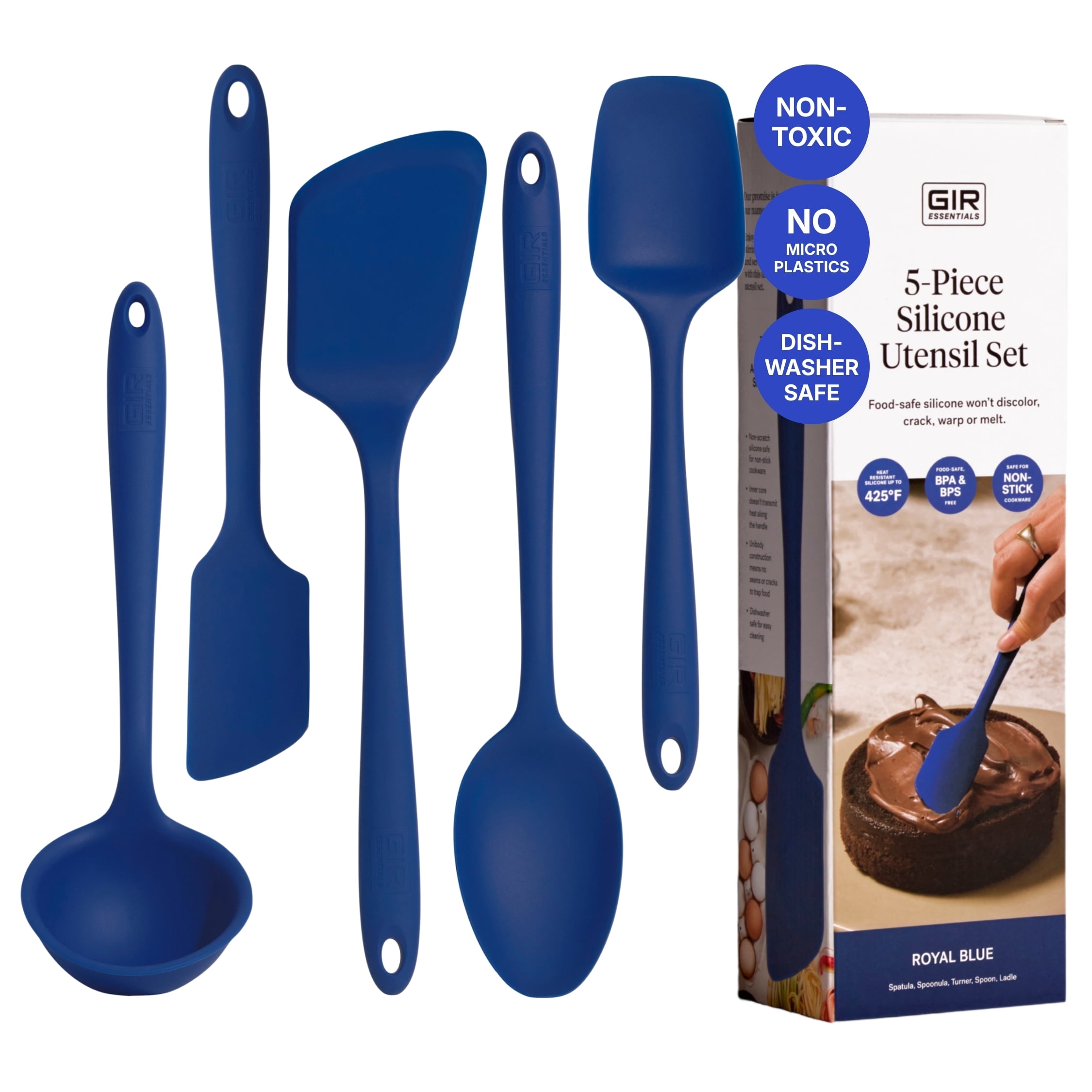 GIR Get It Right 5 Piece Essentials Silicone Cooking Utensils Set Nonstick Heat Resistant Kitchen Utensils for Cooking and Baking, Royal Blue