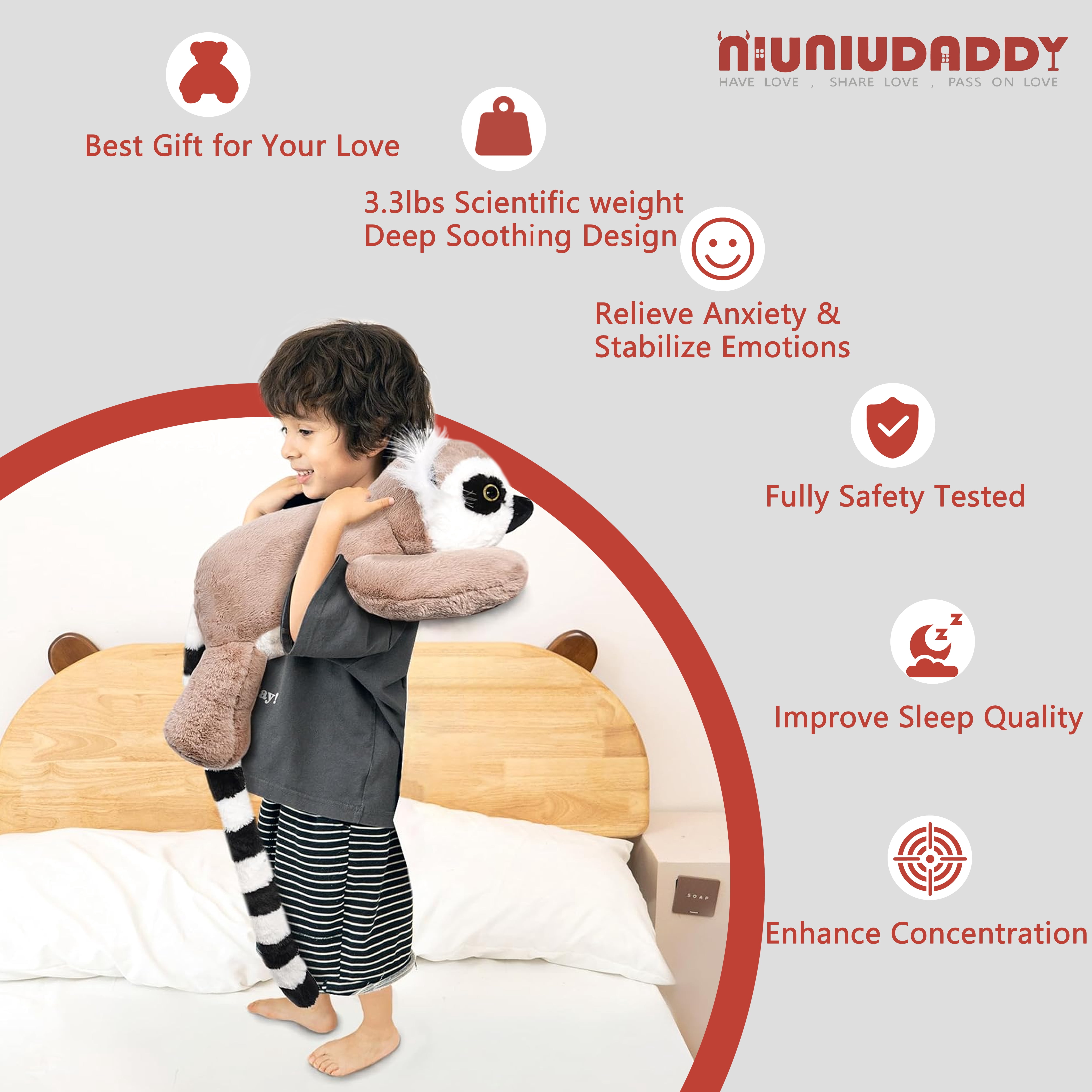 Niuniu Daddy Weighted Lemur Stuffed Animal- 20"Large Cute Plush Toys 3.3-Pound Giant Weighted Plushie Body Pillow with Soft Faux Fur, Gift for Kids, Adults & Girls, Thanksgiving Christmas Gift