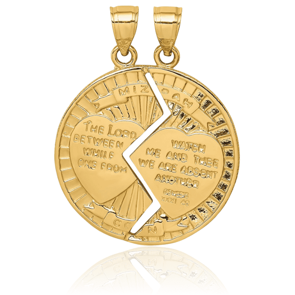 14K Solid Yellow Gold Break-apart Mizpah Coin Set Necklace Couples His Hers Religious Christian Chain Pendant Genesis 31:49 Charm