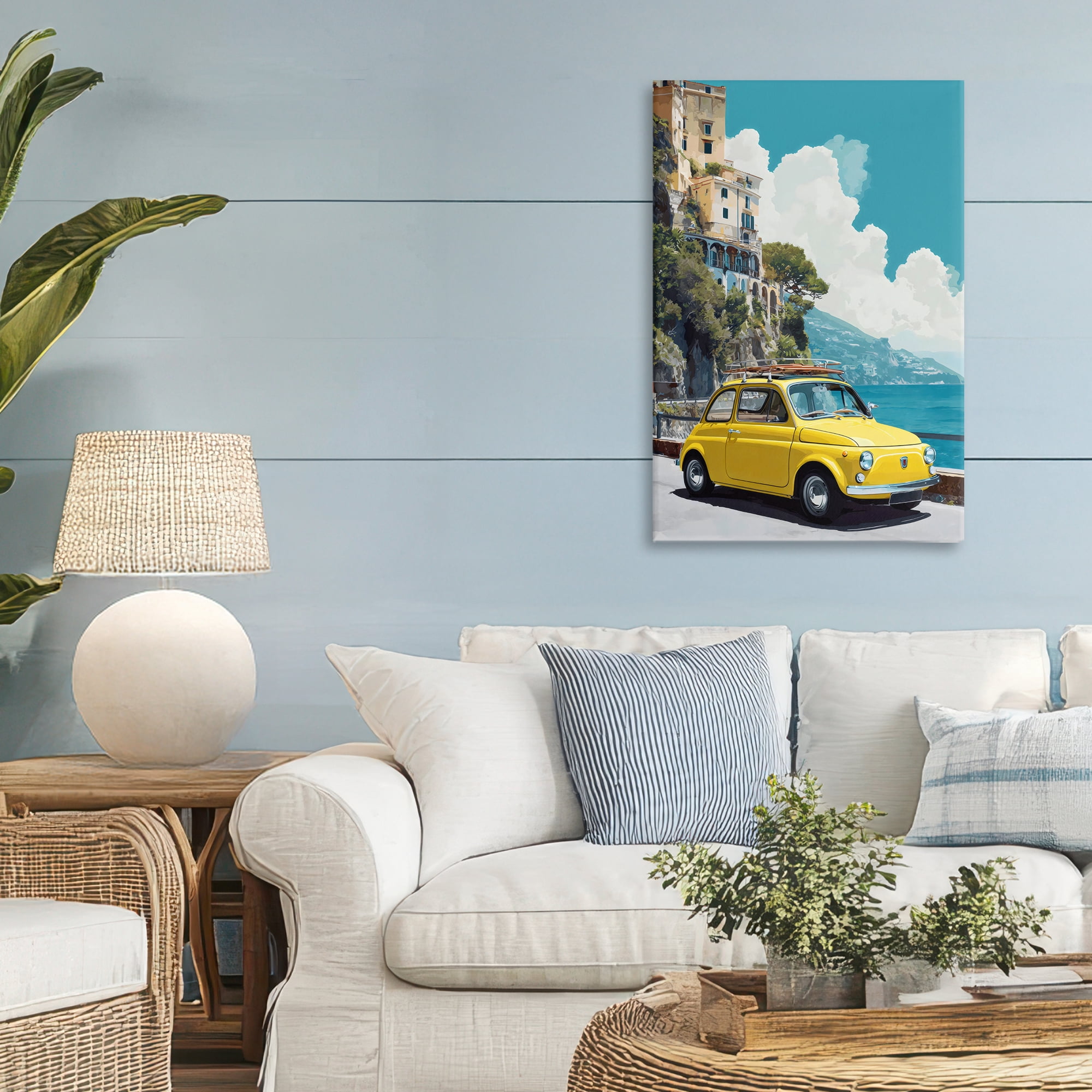 Stupell Industries Yellow Car on Coast Canvas Wall Art, design by Petal Prints Design