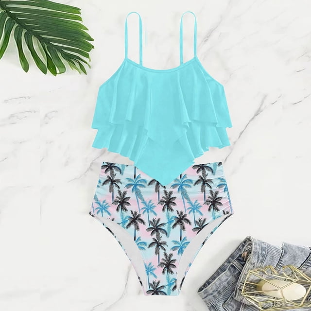 Fashionable Two Piece Bikini Set Ruffle Back Tankini Swimsuit for Teen Girls Youth Pure Color Swimwear