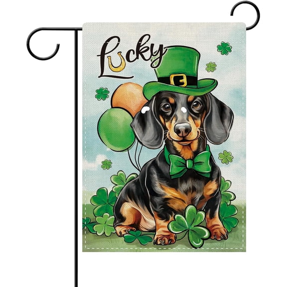 St Patricks Day Dachshund Dog Decorative Garden Flag, Lucky Shamrock Clover Yard Outside Home Decoration Pet Owner Lover Gift, Irish Spring Burlap Outdoor Small Decor Double Sided 12 x 18