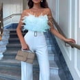 thumbnail image 4 of LEKODE Women Strapless Feather Tube Top Jumpsuit, Belted Straight Long Pant Romper for Holiday Cocktail Gathering Activities womens summer outfits Blue 2XL, 4 of 9
