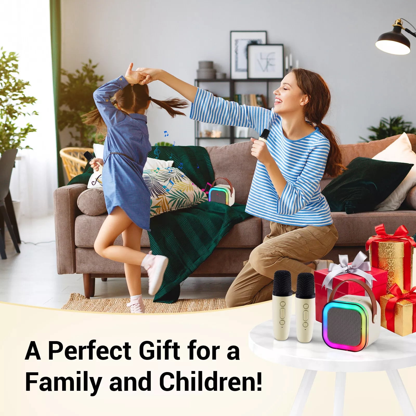 Kids Mini Karaoke Machine Portable Bluetooth Speaker + Dual Wireless Microphone
