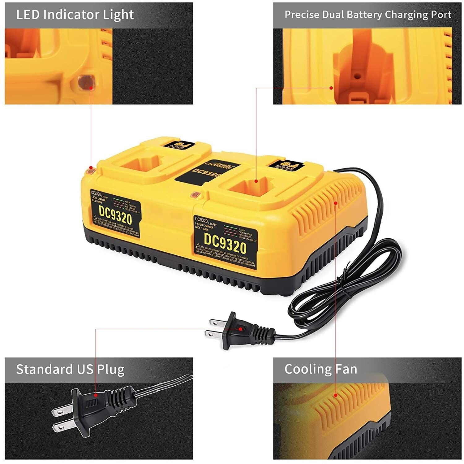 7.2V-18V Dual Port Fast Charger DC9320 Replacement for Dewalt 18V 14.4V 12V 9.6V 7.2V NiCd NiMh XRP Battery DC9098 DC9099 DW9099 DC9096 DW9094 DW9072 DW9062 DW9057