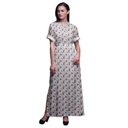 

Bimba Rayon Magnolia & Butterfly Printed Womenâ€™s Long MaxiÂ DressÂ Gown With Side Slit-Small