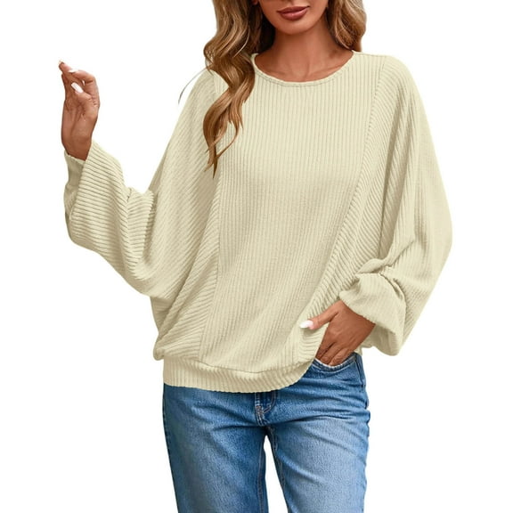 Womens Knitted Ribbed Fall Clothes, Long Sleeve Pullover for Women Fashion Loose Fit Solid Color Crewneck Sweatshirts