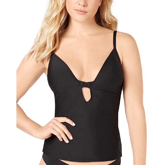 Bar III BLACK Solid Plunging Molded Cup Tankini Swim Top, US X-Small