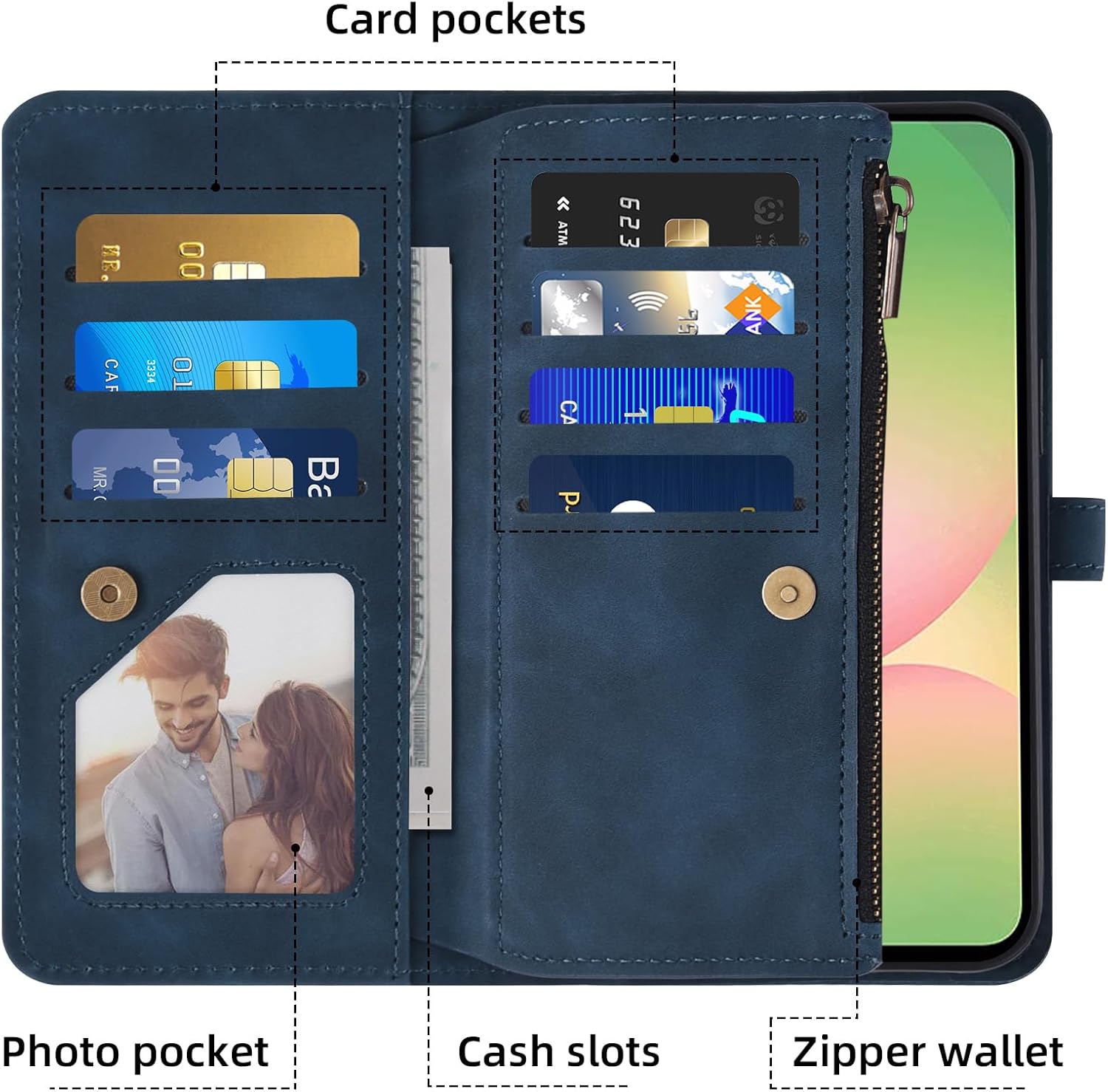 Asuwish Phone Case for Samsung Galaxy A56 5G Wallet Cover With Tempered Glass Screen Protector Crossbody Wrist Strap Flip Pattern Zipper Credit Card Holder Stand Slot Cell A 56 56A LTE Women Men Blue