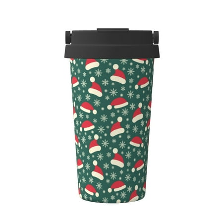 

Qekee Santa Hat Joy Green Festive Print Insulated Coffee Mug Coffee Tumbler Cup Thermos Mug Water Bottle with Handle & Flip