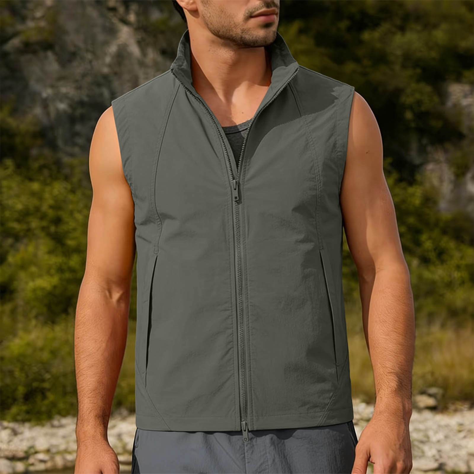 FRSASU Men's Outerwear Windproof Lightweight Softshell Vests Sports Sleeveless Jacket for Golf Hiking Fishing Running Army Green