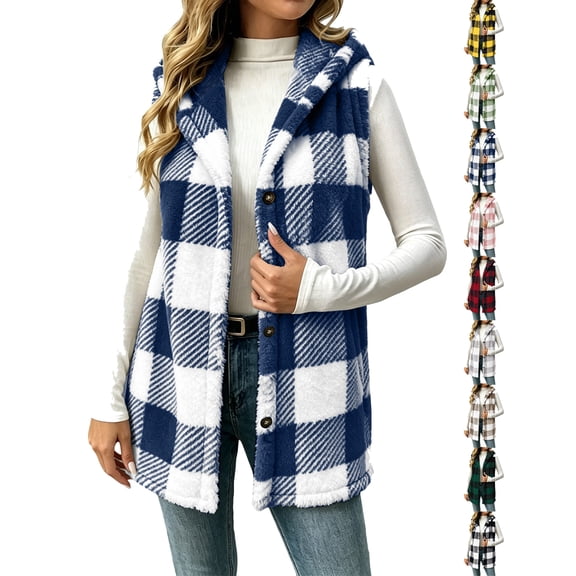 Plus Size Plaid Vest Jackets for Women Double-sided Sleeveless Casual Hooded Cardigan Jacket