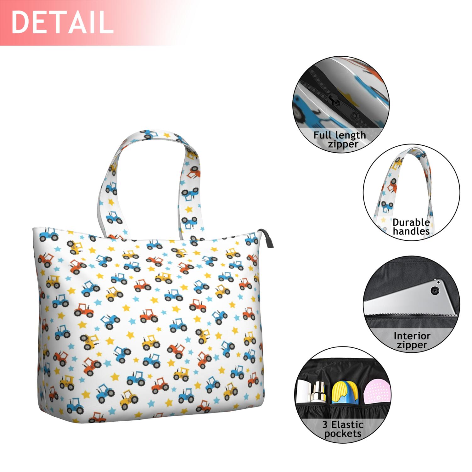 Cartoon Tractors Stars White Pattern Travel Tote Bags for Women Carry On,Large Weekender Bags for Women Travel,Multi Functional Duffle Bag for Work,Shopping,Sports