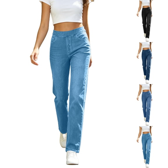 Goodtrade8 Women's Solid Color Stretch Denim Pants with Elastic Waistband and Classic Five-Pocket Styling Casual Slim Trousers