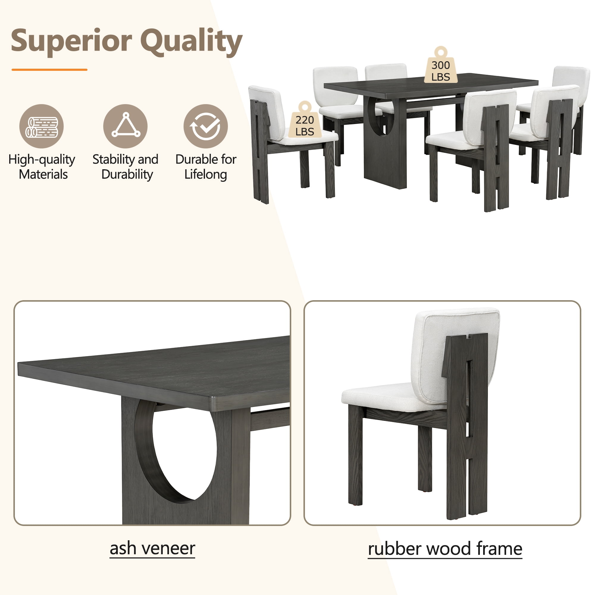 7-Piece Dining Table Set for 6, 60" Rectangular Dining Table with 6 Upholstered Chairs