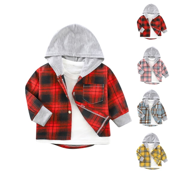 PIWHJQK Boys Girls Long Sleeve Button Down Cardigan Children Plaid Hoodie Button Down Long Sleeve Shirt Jacket Kids Tops