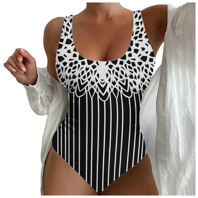 FhsagQ Swimsuit Sets for Women Plus Size Blue with Matching Robe Women Large Size Swimwear Figure Shaping U Neck Striped Print Sports Swimsuits Swimsuit With Wide Shoulder Straps White M