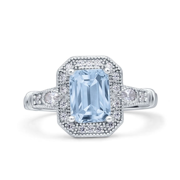 Art Deco Emerald Cut Wedding Bridal Ring Simulated Aquamarine CZ 925 Sterling Silver size 5