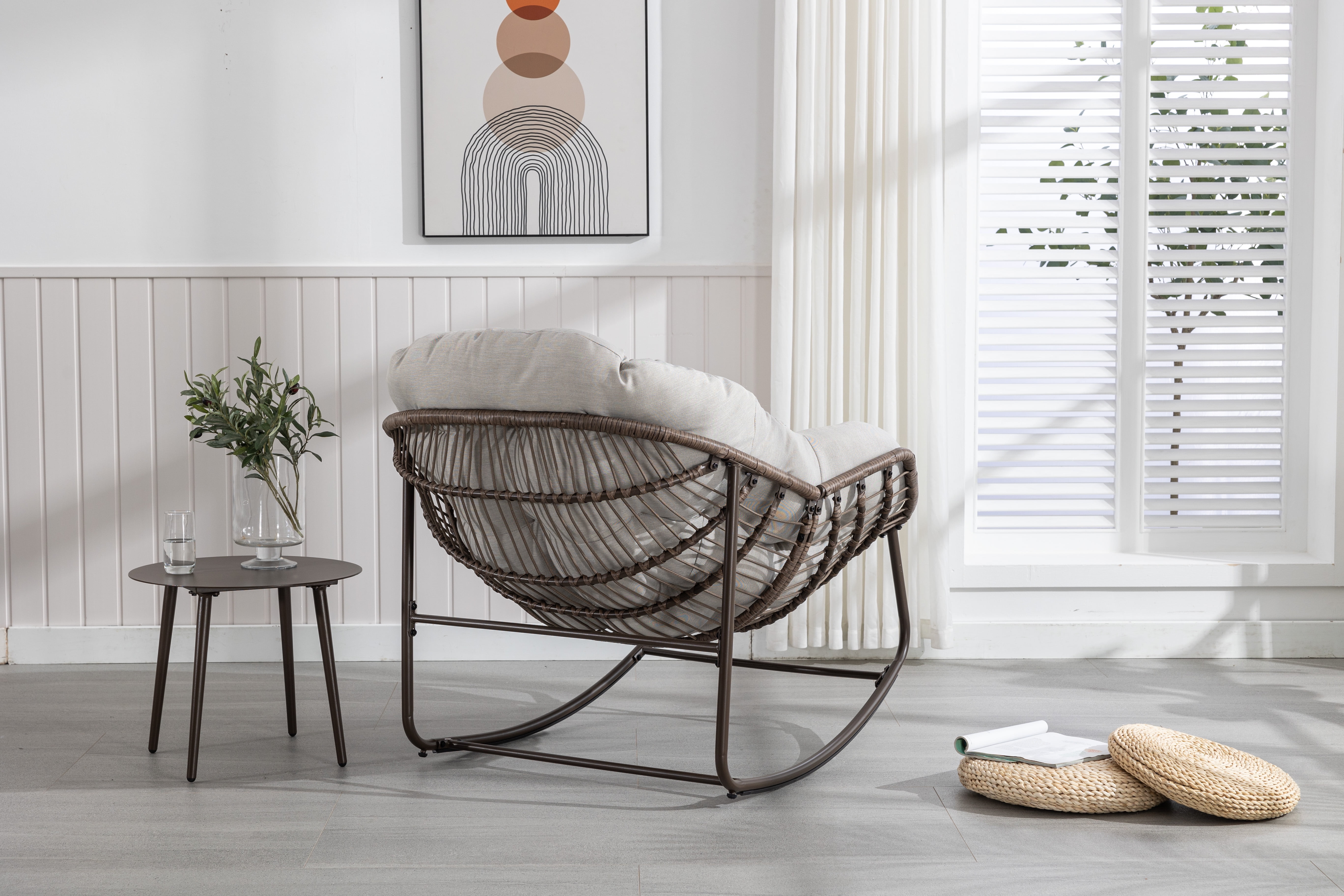 Outdoor Rattan Rocking Chair Oversized with Padded Cushion, Hand-Woven Egg Rocker Chair for Patio and Front Porch, Beige