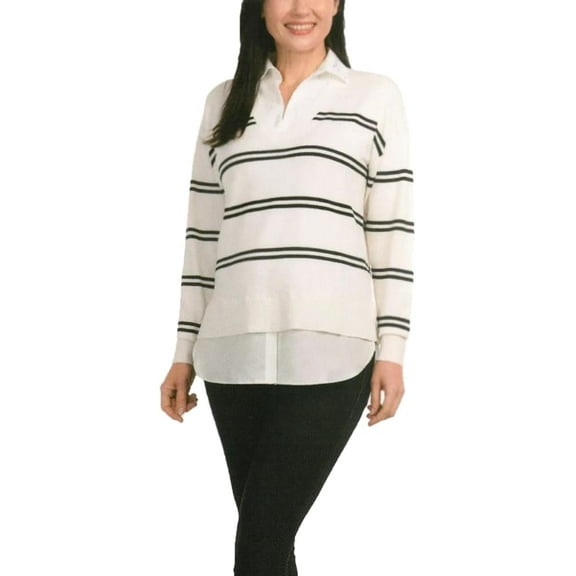 Hilary Radley Women's V-Neck Pullover Sweater Off-White & Black Stripe XXL