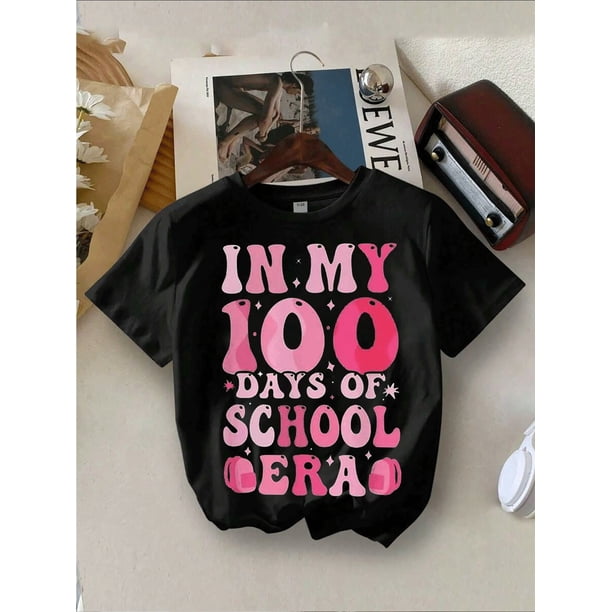 Girl's 100 Of School Graphic Tee, Cute Back To School Outfit, Stylish Summer Casual Shirt, Soft Cotton Blend, Pretty Pastel Print, Adorable School Era Design, Perfect For First Grade