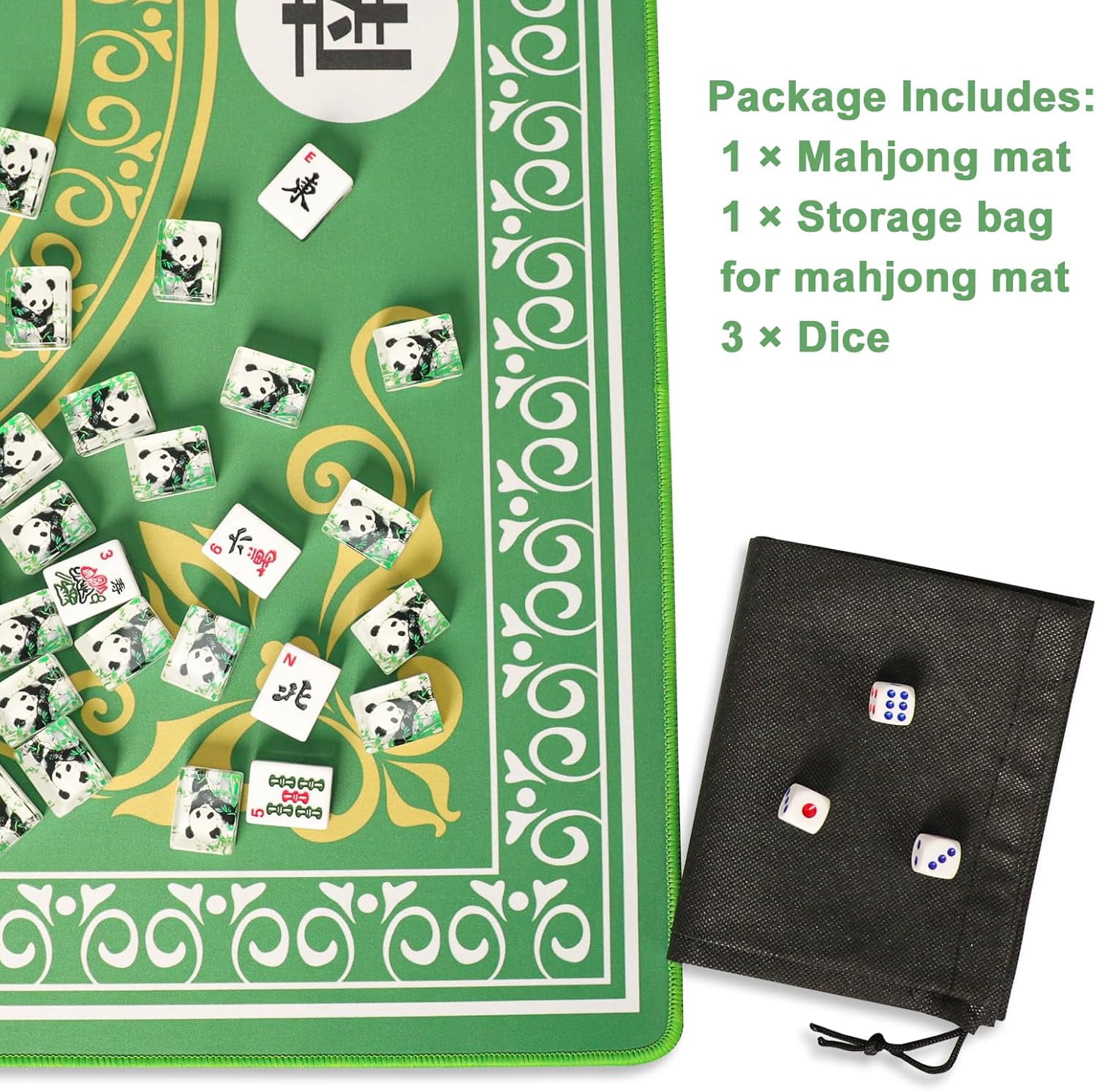 Mahjong Mat,Mahjong Game Table Mat with 3 Dice & Carrying Bag,31.5"x31.5" Green Rubber Anti-Slip Playmat for Mahjong, Card, Board & Tile Games