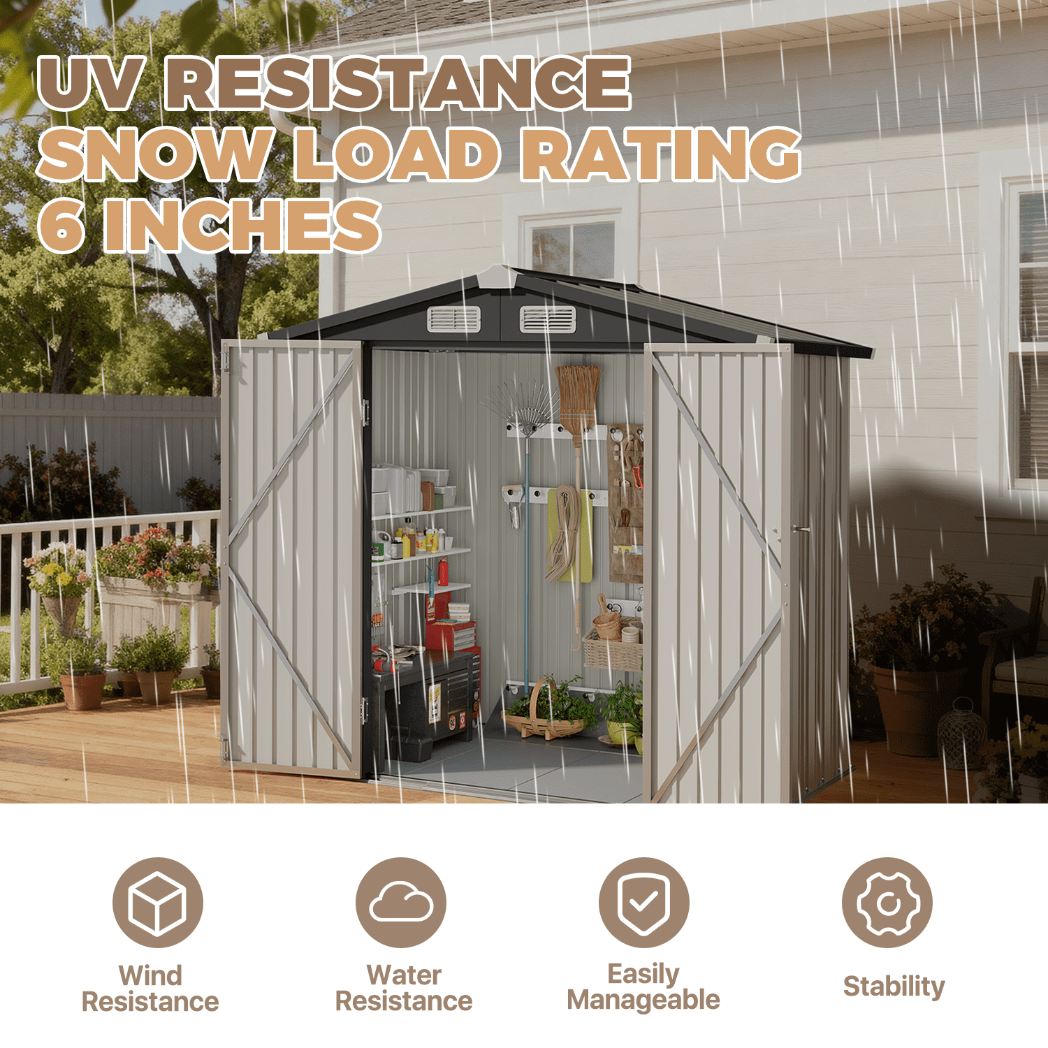 BaPiPro 6x4FT Brown Metal Storage Shed with Solid Floor, Gable Roof & Double Doors