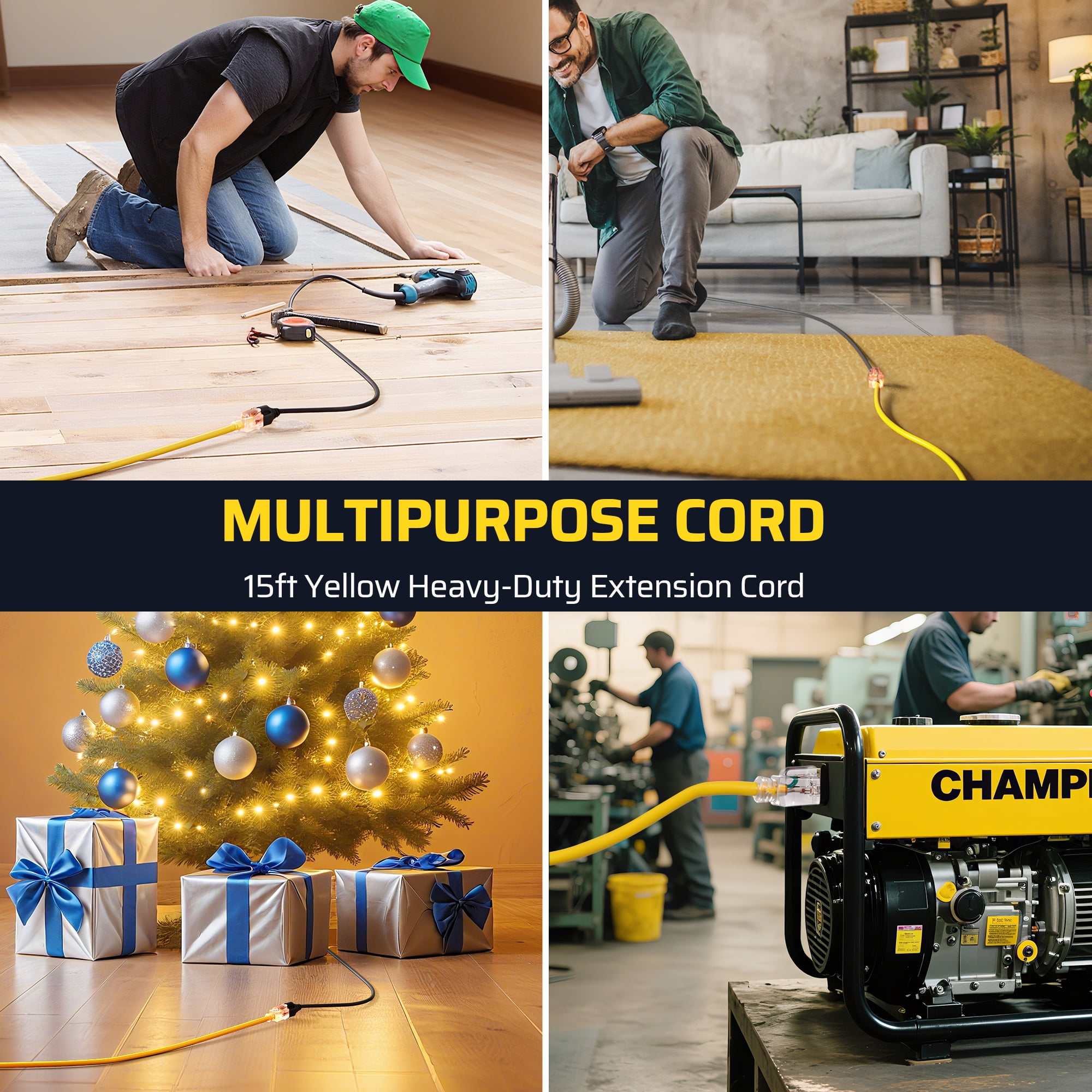 DEWENWILS 15FT Yellow Extension Cord for Outside Indoor 16/3 Gauge 16AWG 3 Prong Outlet with Light 2 Pack