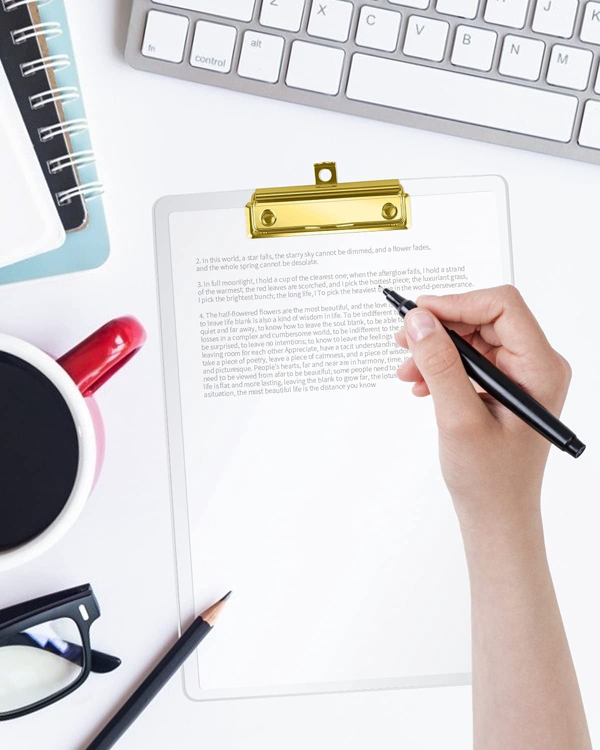 6 Pcs Thick Acrylic Clear Clipboards Cute Transparent Gold Clipboard with Strong Clip and Hidden Hanging Hole for A4 Paper, Art Student, Drawing, Office, School, Warehouse, Classroom
