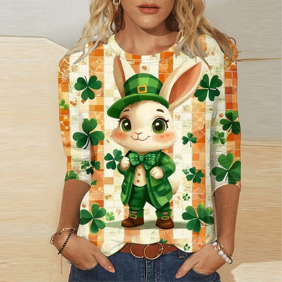 HOMBOM Womens Shamrock Shirts Irish Graphic Tees Orange Crewneck St.Patrick's Day Casual Holiday Tshirts for Ladies