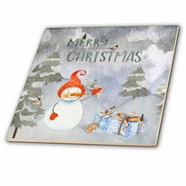 3dRose, Merry Christmas Snowman and little Bird Winter Illustration, 8 Inch Ceramic Tile