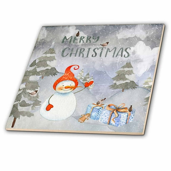 3dRose, Merry Christmas Snowman and little Bird Winter Illustration, 8 Inch Ceramic Tile