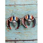 Serape western style leather dangle earrings with Longhorn