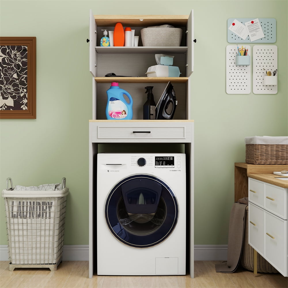 YINGYING  Over The Washer and Dryer Storage Shelf, Wooden Laundry Room Storage Organizer with 1 Door & Adjustable Shelf