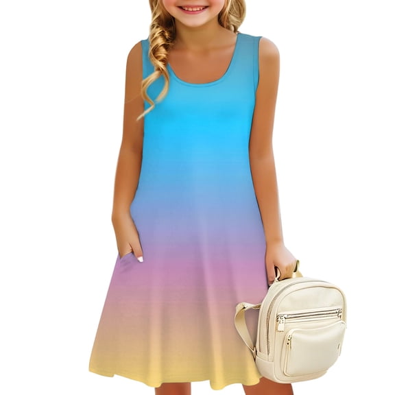 Grblisyd Girls Dresses Size 10-12 Sleeveless Casual U Neck Gradient Sundress with Pockets for Girl