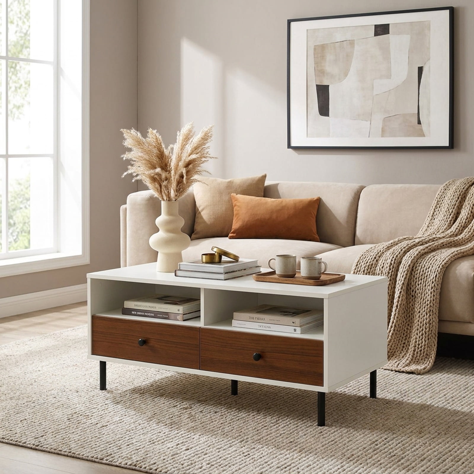 Furnibear 2 Tier 40 Inch Modern Rectangle Coffee Table with Storage Shelf and Two Drawers for Living Room Bedroom and Study, White