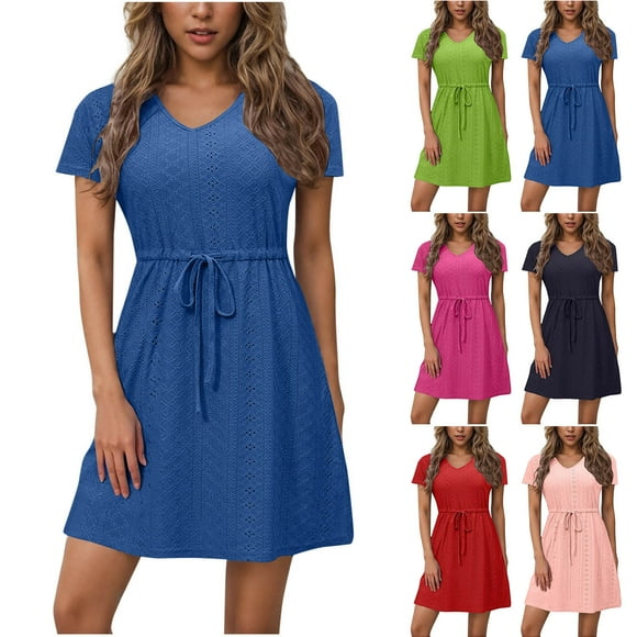 Meichang Summer Dresses for Women V Neck Short Sleeve Eyelet Dress with Drawstring Waisted Flowy A-Line Mini Dresses