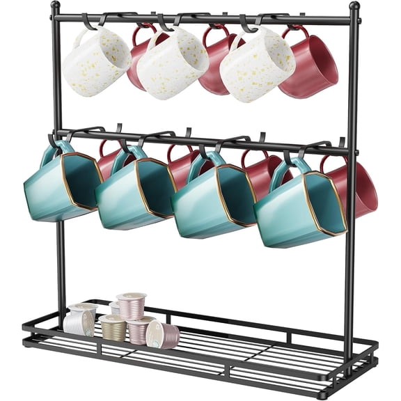 Coffee Mug Tree Rack for Countertop, 2-Tier 14-Hook Mug Holder with Storage Shelf, Heavy Duty Metal Display Stand for 14 Cups, Mugs, Coffee Pods & Tea Bags, Space-Saving Organizer for Kitchen, Office
