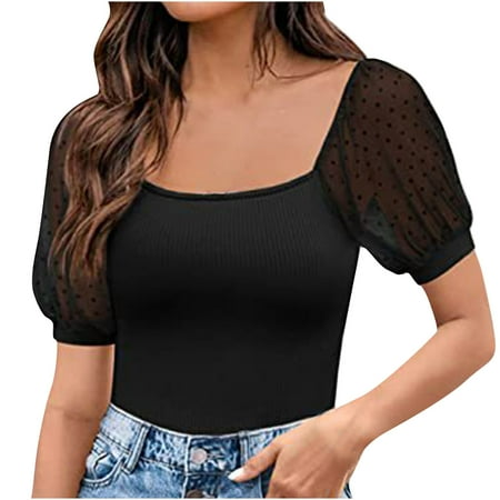 

Corset Tops for Women Mesh Short Sleeve Plain Cute Shirts Tops Square Neck Knit Ribbed Slim Fit Tunic Tees Blouses