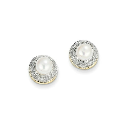 - 14k Yellow Gold 6mm Button Freshwater Cultured Pearl .05ct Diamond Post Stud Ball Earrings Fine Jewelry For Women Gift Set