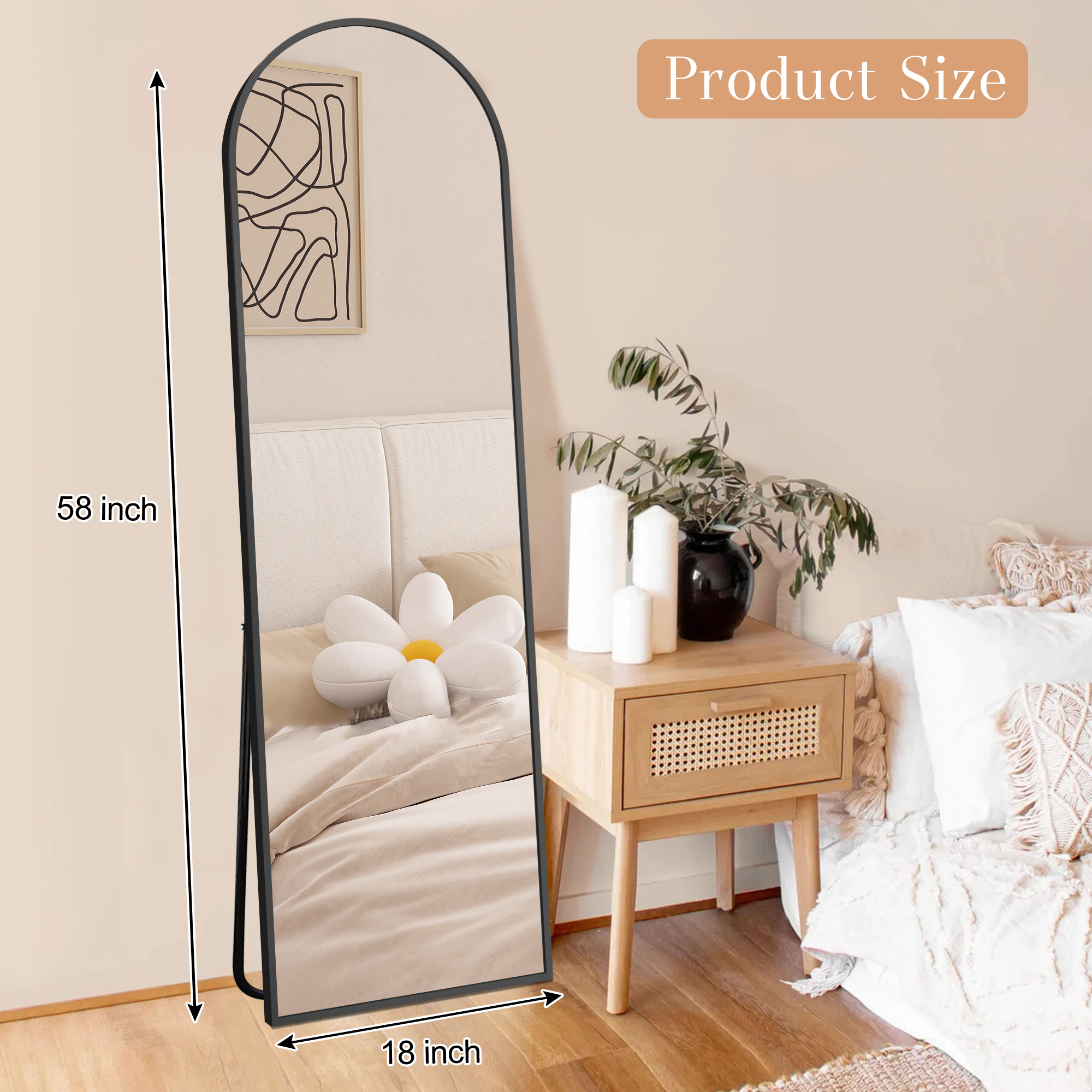 MAYEERTY Freestanding Full Length Mirror with Stand, Aluminum Alloy Arched Floor Mirror Wall Mounted for Bedroom Living Room, 58x18in, Black